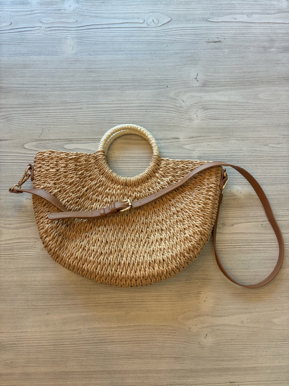 Woven Straw Circle-Handle Crossbody Bag - Natural